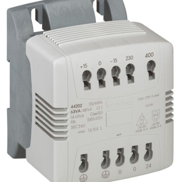 Transformateur de commande et sécurité à connexion automatique primaire 230V à 400V et secondaire 24V~ - 63VA: th_044202-LEGRAND-1000.jpg