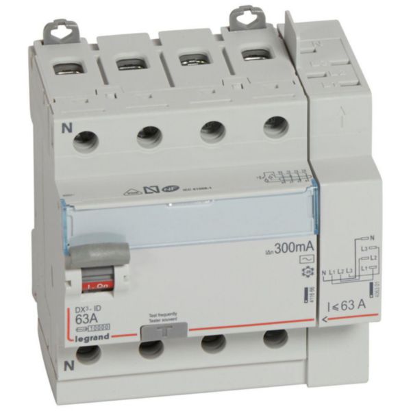 Interrupteur différentiel DX³-ID arrivée haut à vis et départ haut automatique - 4P 400V~ 63A typeAC 300mA - 5 modules: th_411655-LEGRAND-1000.jpg