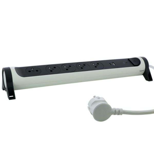 Rallonge multiprise avec bloc rotatif de 5 prises 2P+T Surface , interrupteur , parafoudre , USB Type-A + Type-C - blanc et gris foncé