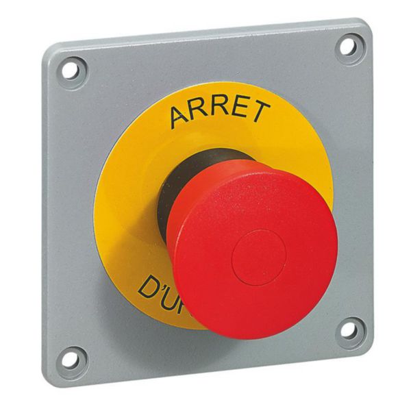 Plaque équipée d'un bouton d'arrêt d'urgence Osmoz IP66 pour coffret P17 à fixer sur plastron pré-percé
