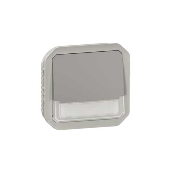 Poussoir NO-NF lumineux porte-étiquette avec voyant étanche Plexo 10A IP55 IK08 avec enjoliveur finition gris