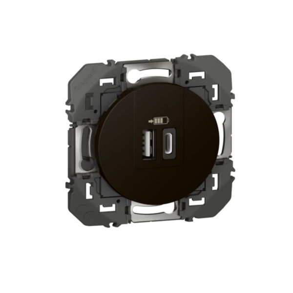 Prise double USB Type-A + Type-C dooxie 3A 15W finition noir, à équiper d'une plaque de finition - emballage blister