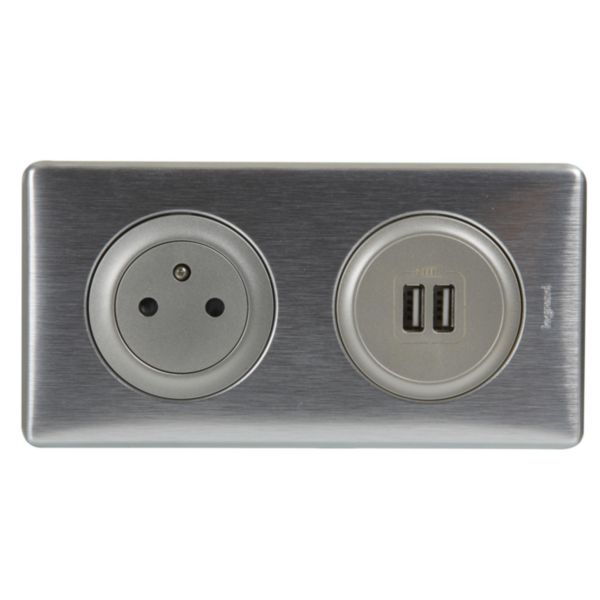Prise de courant + chargeur 2 USB avec plaque Céliane + boite à encastrer - Alu:th_LG-200139-WEB-F.jpg
