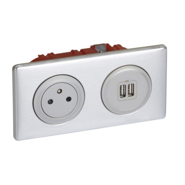 Prise de courant + chargeur 2 USB avec plaque Céliane + boite à encastrer - Alu: th_LG-200139-WEB-R.jpg