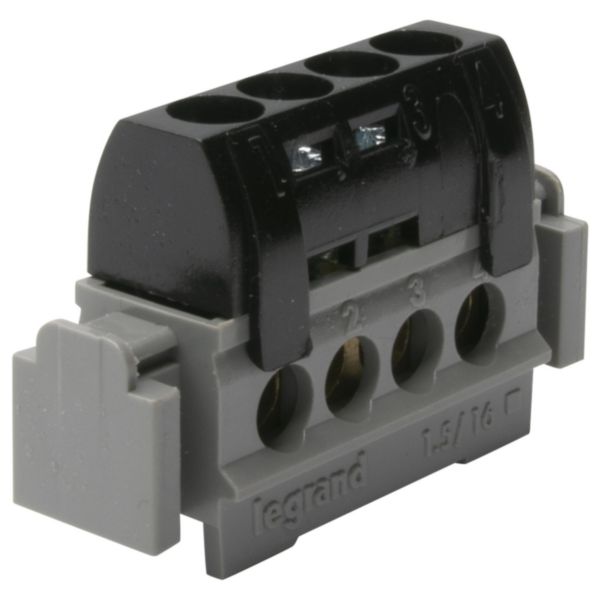 Bornier de répartition isolé IP2X phase - 4 connexions 1,5mm² à 16mm²- noir - longueur 47mm