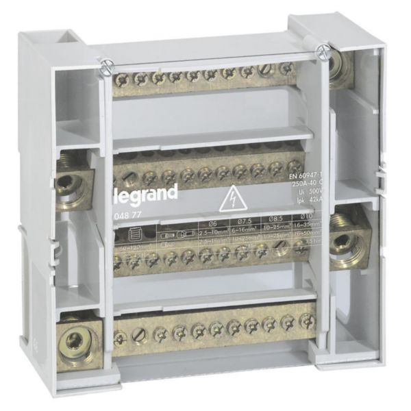 Répartiteur modulaire monobloc tétrapolaire à bornes - 250A - 12 connexions par barreau - 9 modules