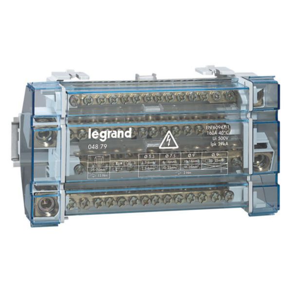 Répartiteur monobloc 4P à bornes 160A -15 connexions par barreau -10 modules DIN
