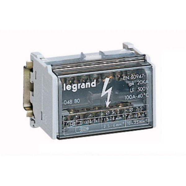 Répartiteur monobloc 2P à bornes 100A -7 connexions par barreau - 4 modules DIN