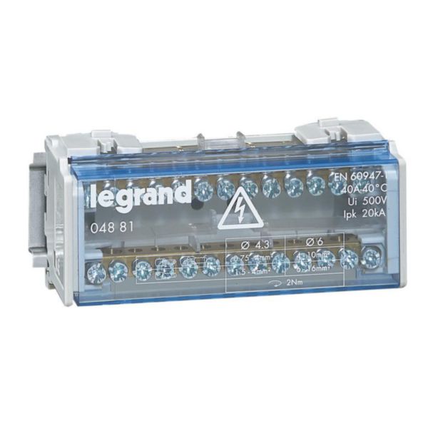 Répartiteur monobloc 2P à bornes 40A 13 connexions maxi/barreau - 6 modules DIN