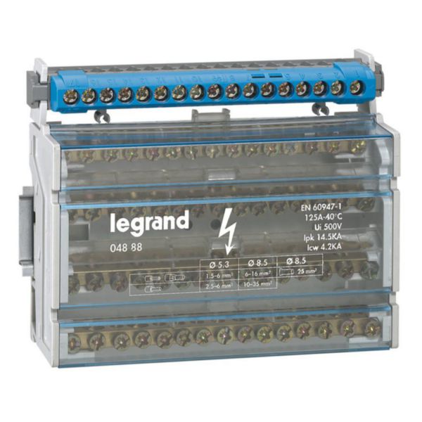 Répartiteur monobloc 4P à bornes 125A -15 connexions par barreau - 8 modules DIN