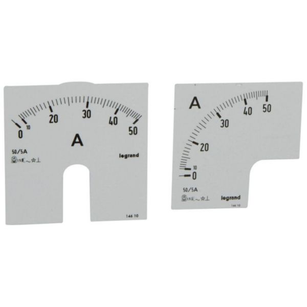 Cadrans de mesure pour ampèremètre analogique 0A à 50A - 1 cadran pour fût rond et 1 cadran pour fût carré