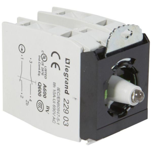 Sous-ensemble bloc pour tête lumineuse Osmoz raccordement à vis - 12V à 24V alternatif ou continu 2 contacts NO/NF blanc