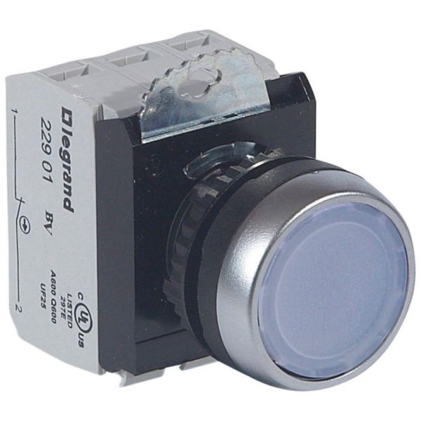 Bouton lumineux à impulsion affleurant IP69 Osmoz complet - blanc - 12V à 24V alternatif ou continu