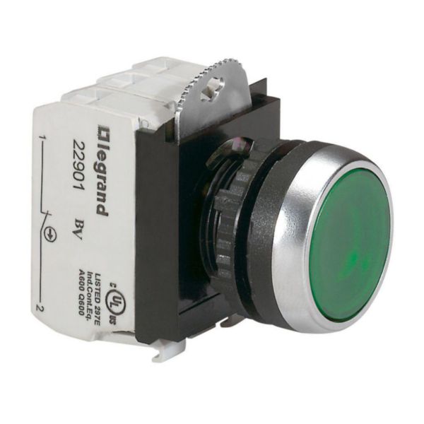Bouton lumineux à impulsion affleurant IP69 Osmoz complet - vert - 12V à 24V alternatif ou continu