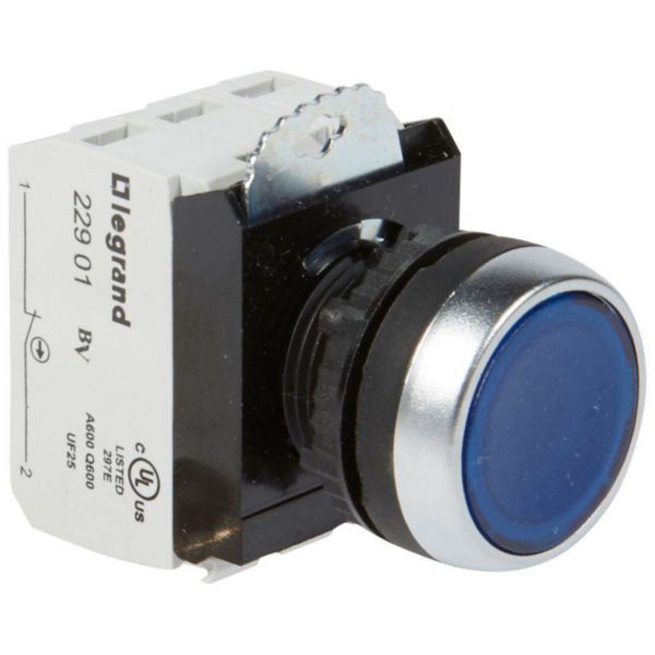 Bouton lumineux à impulsion affleurant IP69 Osmoz complet - bleu - 12V à 24V alternatif ou continu