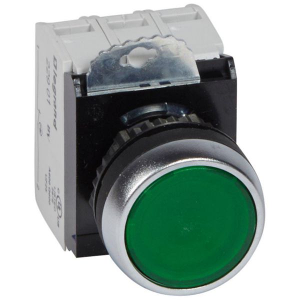 Bouton lumineux à impulsion affleurant IP69 Osmoz complet - vert - 230V~