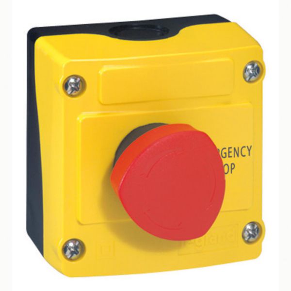 Boîte à bouton équipée Osmoz avec coup de poing coupure d'urgence rouge pousser-tourner Ø40 - avec couvercle jaune