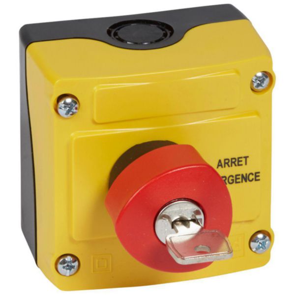 Boîte à bouton équipée Osmoz avec coup de poing d'arrêt d'urgence rouge à clé n°455 Ø40 - avec couvercle jaune