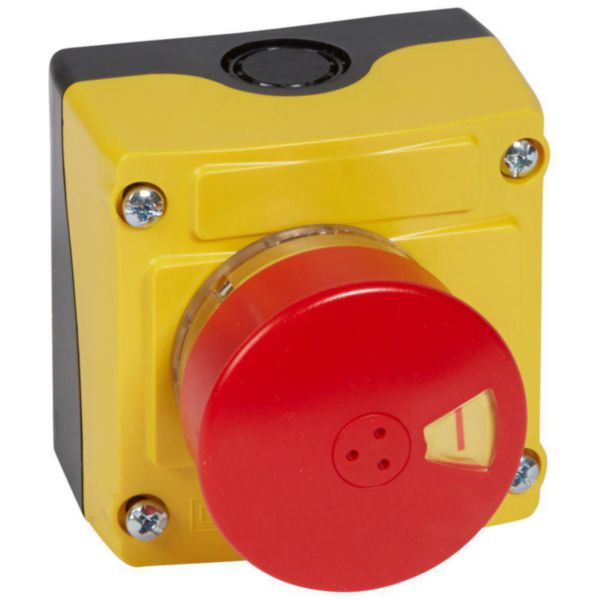 Boîte à bouton équipée Osmoz avec coup de poing d'arrêt d'urgence rouge Ø54 - avec couvercle jaune