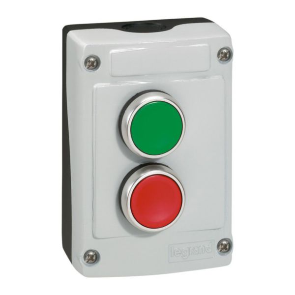 Boîte à bouton équipée Osmoz avec 2 boutons à impulsion vert et rouge - avec couvercle gris