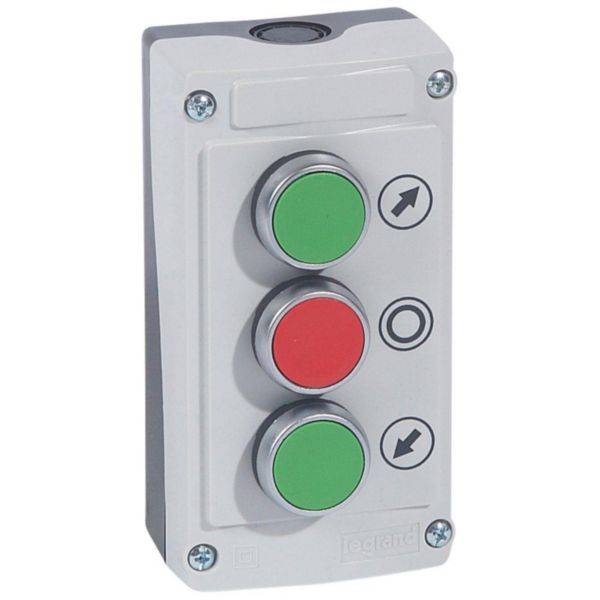 Boîte à bouton équipée Osmoz avec 3 boutons à impulsion ( 2 boutons vert et 1 bouton rouge ) - avec couvercle gris