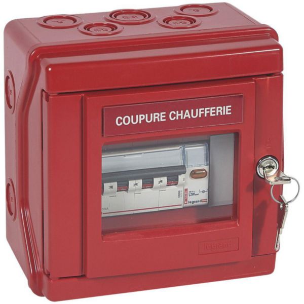 Coffret de sécurité Plexo pour chaufferie IP55 IK07 équipé d'un disjoncteur 4P et d'un voyant