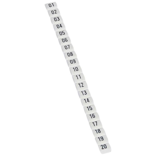 Réglettes de 20 repères CAB 3 pour filerie 0,5mm² à 1,5mm² avec nombres 01 à 20 noir sur fond blanc