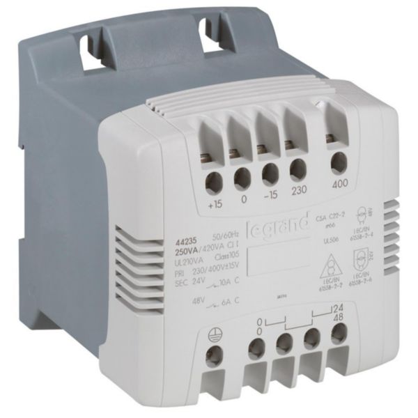 Transformateur de commande et sécurité à connexion à vis primaire 230V à 400V et secondaire 24V~ à 48V~ - 250VA