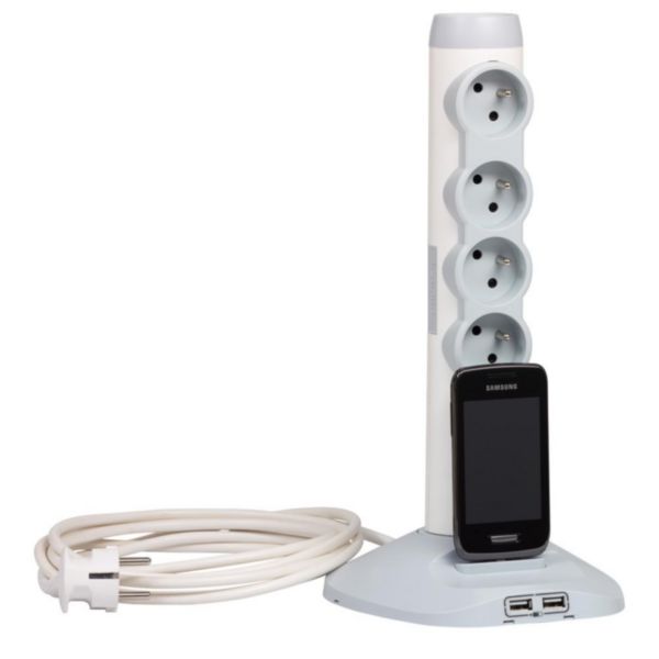 Rallonge multiprise verticale équipée de 4 prises 2P+T 16A , 2 prises USB Type-A 2,4A , 1 fiche micro USB et cordon 2m - blanc et gris