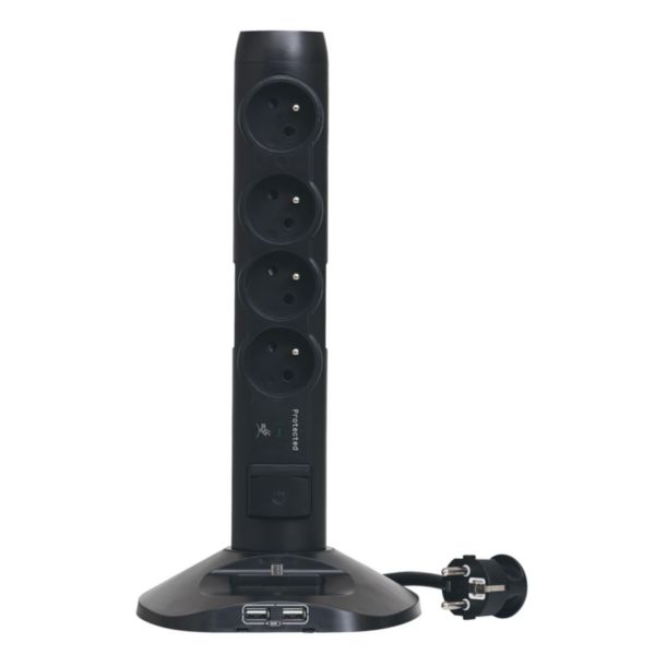 Rallonge verticale 4x2P+T avec inter + 2 USB + fiche micro USB - Noir