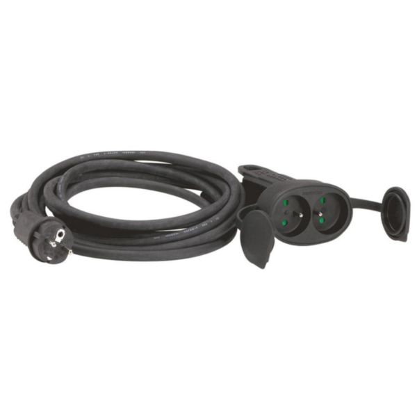 Rallonge 2P+T 16A IP44 IK08 avec double prolongateur ergonomique en caoutchouc et câble 5m