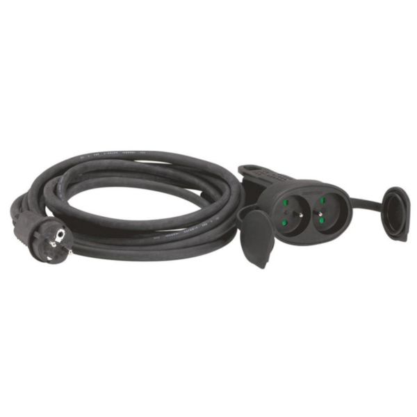 Rallonge 2P+T 16A IP44 IK08 avec double prolongateur ergonomique en caoutchouc et câble 10m