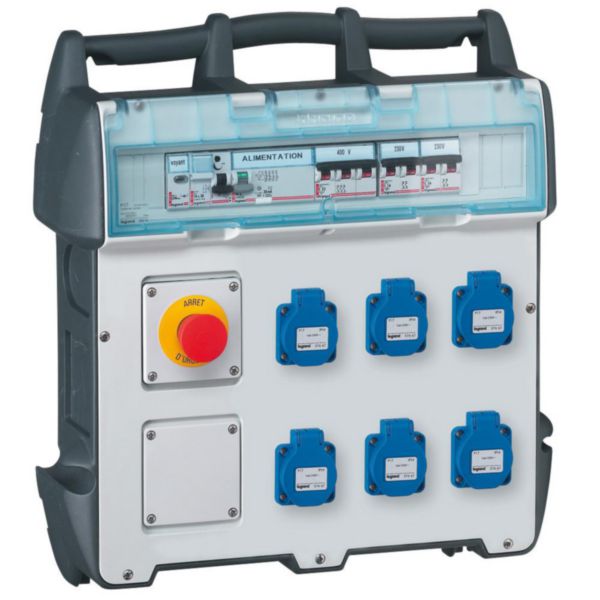 Coffret de chantier P17 IP44 IK09 16A - 400V~ - avec 6 prises brochage domestique, 1 plaque obturatrice et protections