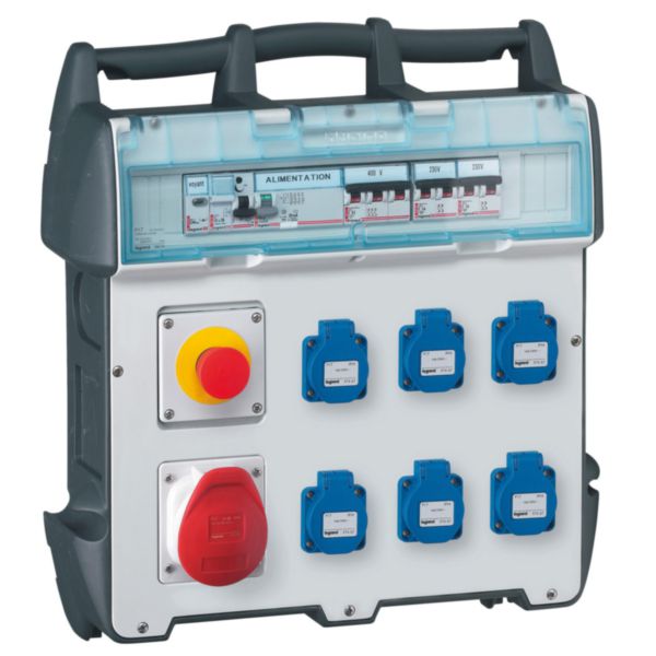 Coffret de chantier P17 IP44 IK09 - 230V~ - avec 6 prises brochage domestique, 1 prise 32A 3P+N+T et protections