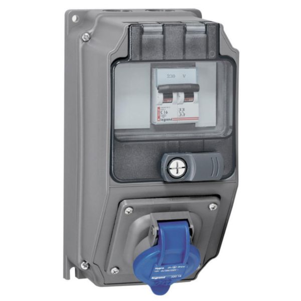 Coffret monoprise Hypra IP44 - 1 prise 2P+T 16A 200V~ à 250V~ et 1 disjoncteur