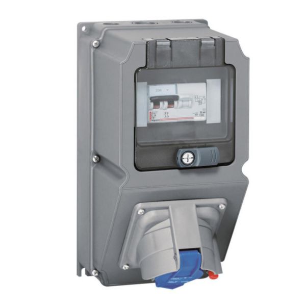 Coffret monoprise Hypra IP44 - 1 prise 3P+T 63A 380V~ à 415V~ , 1 Prisinter et 1 disjoncteur différentiel