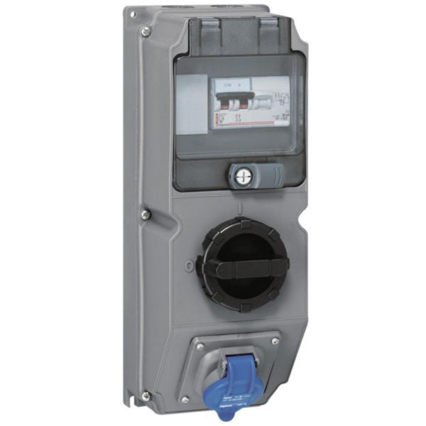 Coffret monoprise Hypra IP44 - 1 prise 2P+T 16A 200V~ à 250V~ , 1 interrupteur et 1 disjoncteur