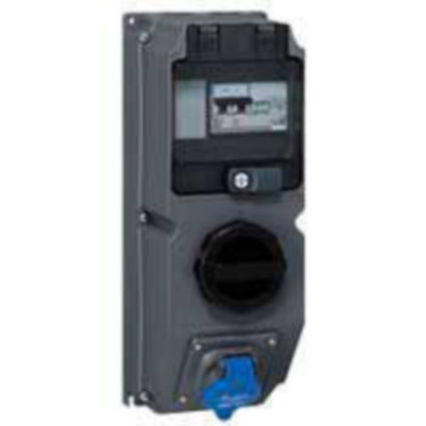 Coffret monoprise Hypra IP44 - 1 prise 2P+T 32A 200V~ à 250V~ , 1 interrupteur et 1 disjoncteur différentiel