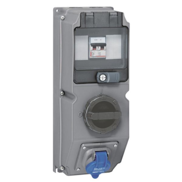 Coffret monoprise Hypra IP44 - 1 prise 2P+T 16A 200V~ à 250V~ avec interrupteur et disjoncteur