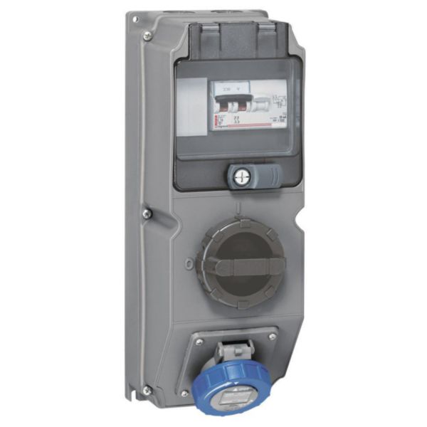 Coffret monoprise Hypra IP66/67-55 - 1 prise 2P+T 16A 200V~ à 250V~ , 1 interrupteur et 1 disjoncteur différentiel