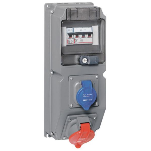 Coffret multiprise Hypra IP44 - 1 prise 2P+T 200V~ à 250V~ , 1 prise 3P+T 380V~ à 415V~ et 1 disjoncteur