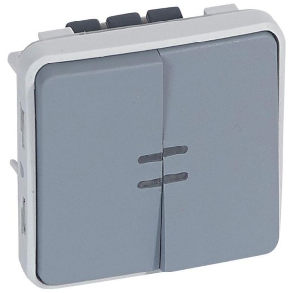 Interrupteur ou va-et-vient lumineux + poussoir inverseur NO+NF lumineux étanche Plexo composable IP55 10AX 250V - gris