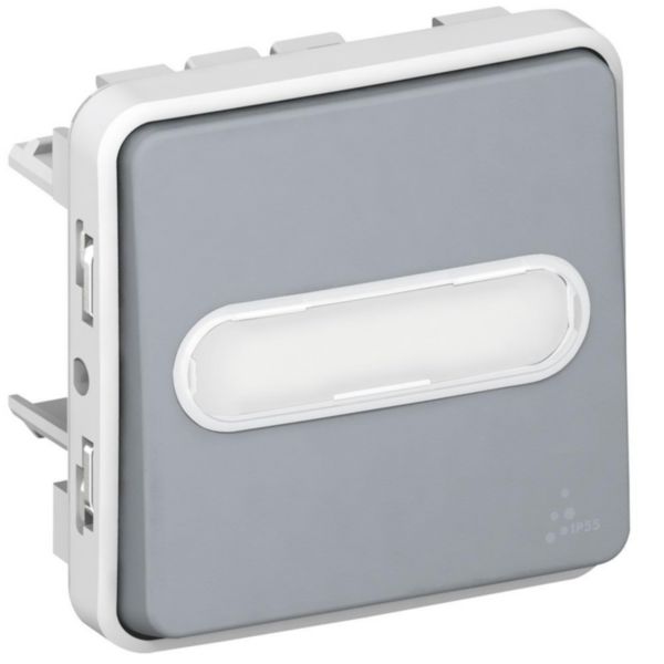 Poussoir inverseur étanche NO+NF lumineux avec porte-étiquette Plexo composable IP55 10A - gris