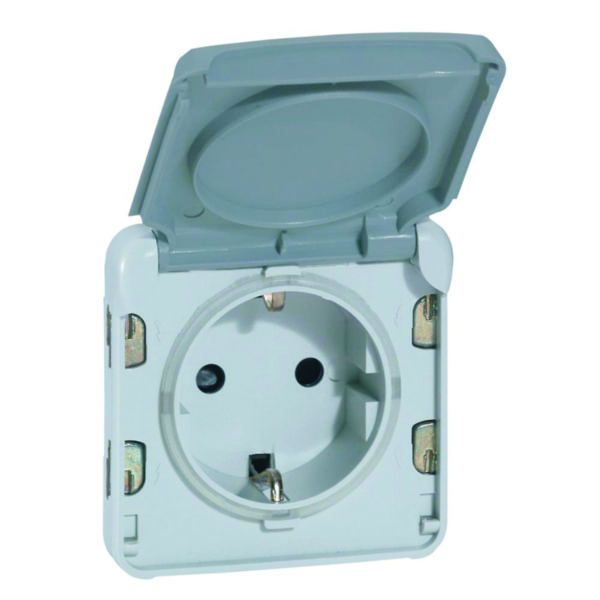 Prise 2P+T avec contact latéral de terre Plexo composable IP55 16A 250V - gris