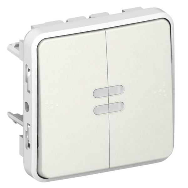 Double poussoir inverseur étanche NO+NF lumineux Plexo composable IP55 10A - blanc