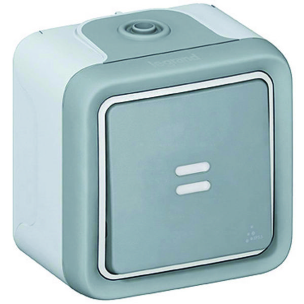 Interrupteur ou va-et-vient témoin étanche Plexo complet IP55 saillie - gris