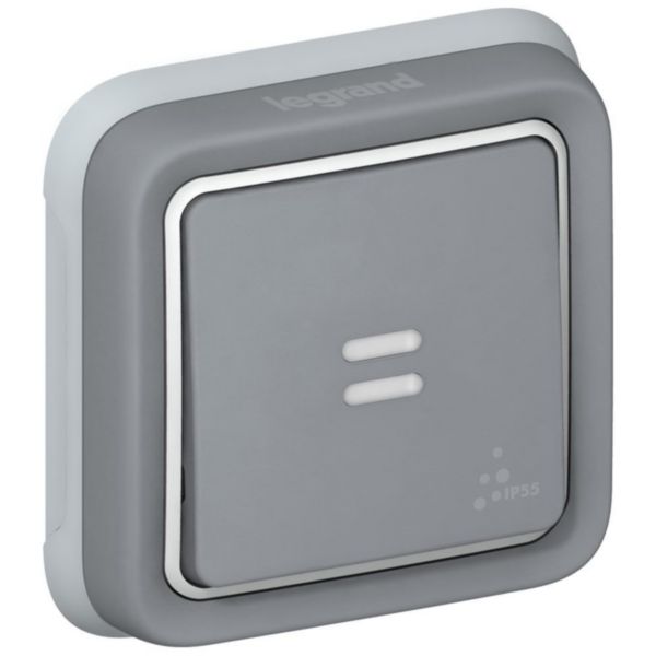 Poussoir inverseur étanche NO+NF lumineux Plexo complet IP55 encastré 10A - gris