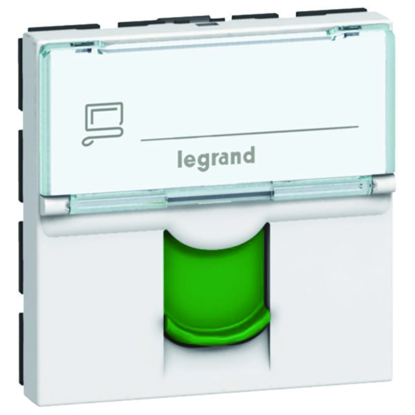 Prise RJ45 catégorie 6 FTP avec volet vert Mosaic 2 modules - blanc