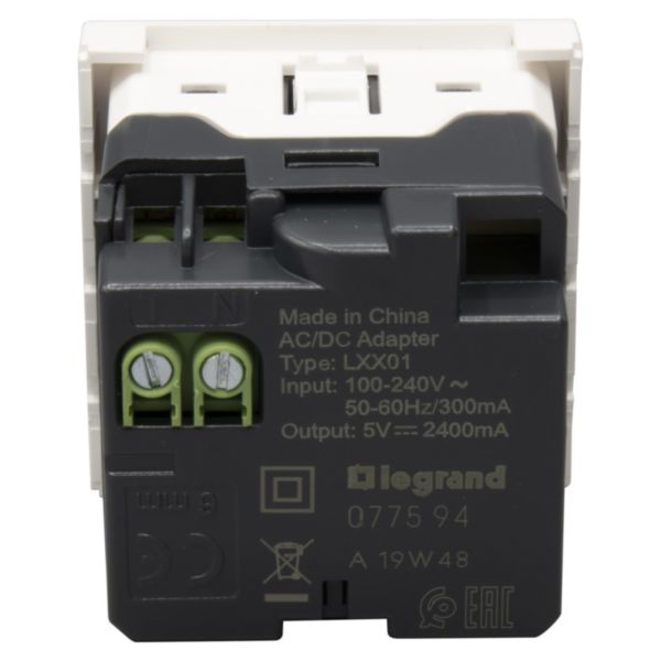 prise 2 USB Type-A 2,4A 5V= 15W Mosaic 2 modules 230V - blanc