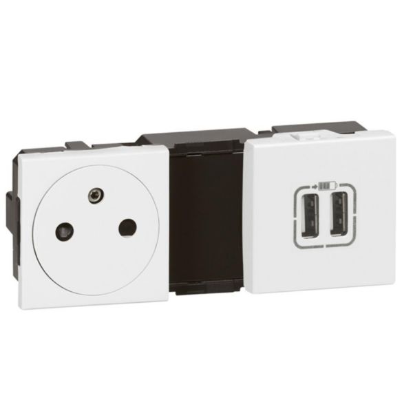 Prise de courant 2P+T Surface + prise 2 USB Type-A 3A 5V= 15W Mosaic 2x2 modules - blanc